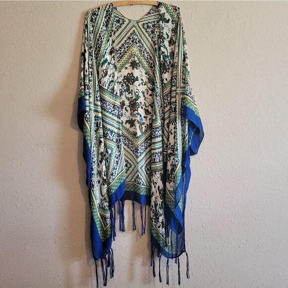 Open Front Bohemian Aztec Diamond Print Tassel Kimono Beach Cover-up Cardigan - Picture 5 of 11